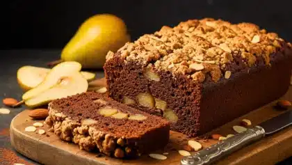 Cake poire-chocolat au crumble doré posé sur une planche en bois, décoré d’amandes effilées et de morceaux de poires fraîches.
