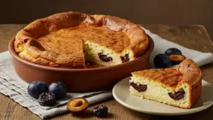 Far breton doré et moelleux garni de pruneaux, présenté dans un plat en terre cuite avec une part servie sur une assiette.