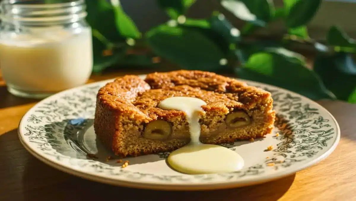 Part de gâteau moelleux à la crème de marrons nappé de crème anglaise, posée sur une assiette fleurie avec un verre de lait en arrière-plan.