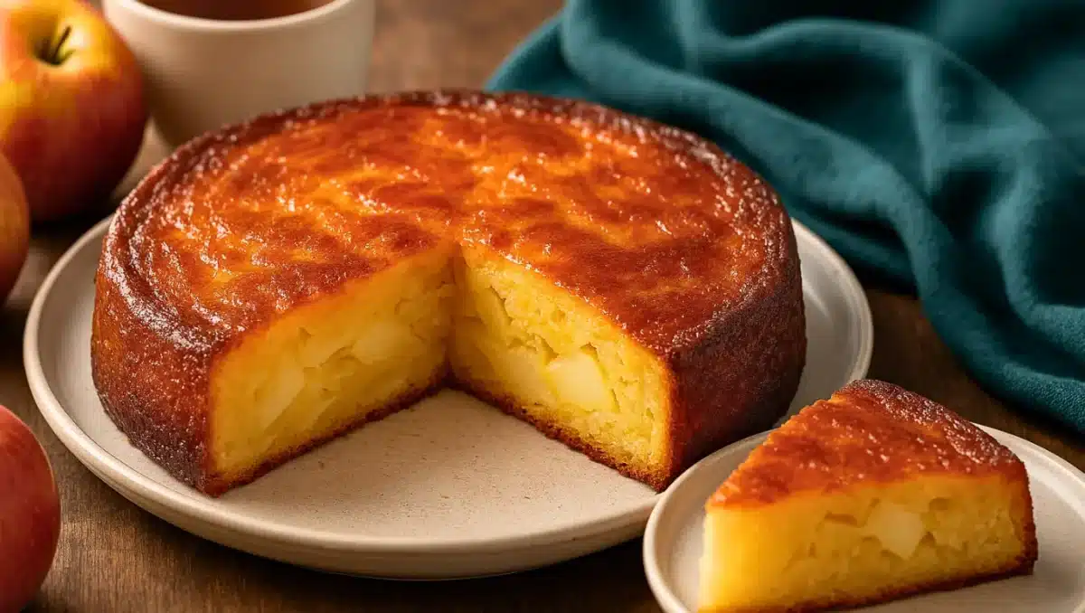 Gâteau aux pommes doré et caramélisé, moelleux à l’intérieur et brillant en surface, présenté sur une assiette avec une part découpée.