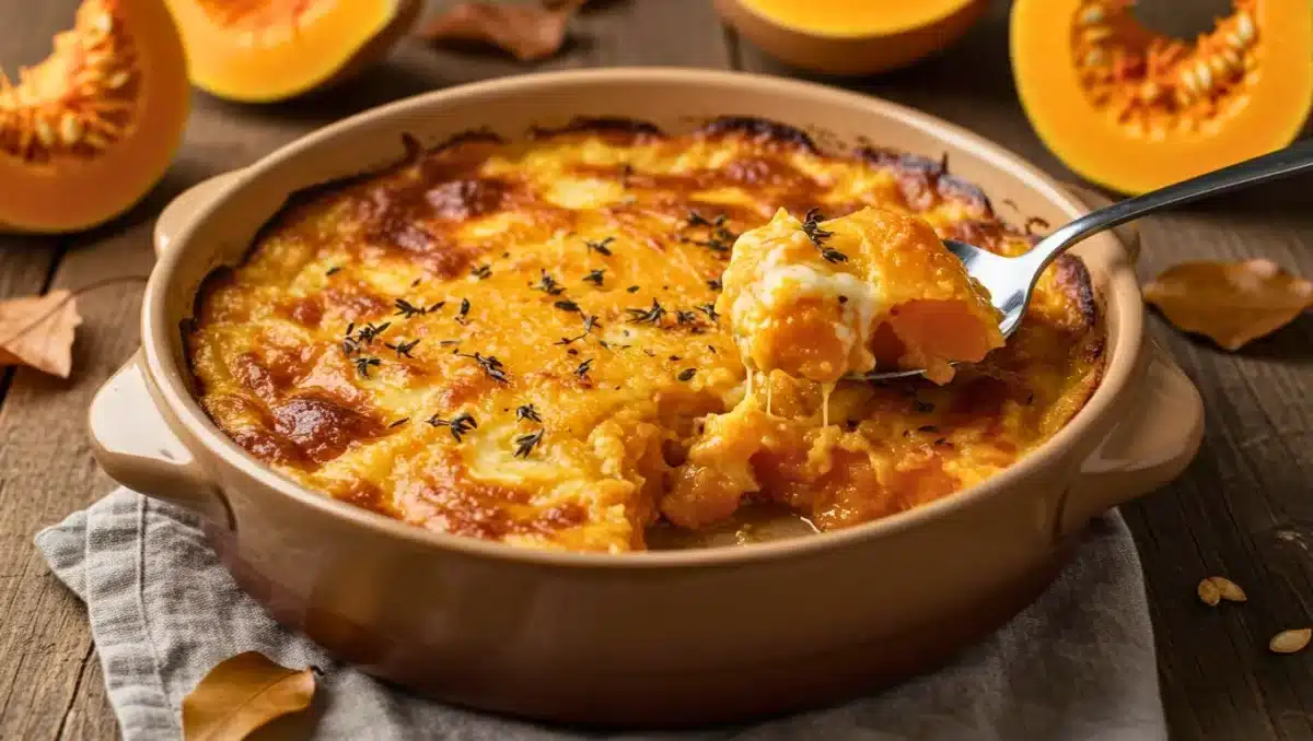 Gratin de courge fondant et doré à la crème, servi dans un plat en terre cuite avec une cuillère révélant une texture onctueuse.