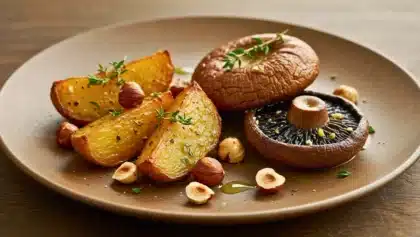 Assiette de topinambours rôtis et de champignons portobello grillés, accompagnés de noisettes et de brins de thym frais.