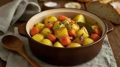 Plat en terre cuite rempli de pommes de terre et de carottes mijotées avec oignons, laurier et thym, posé sur une table en bois rustique.