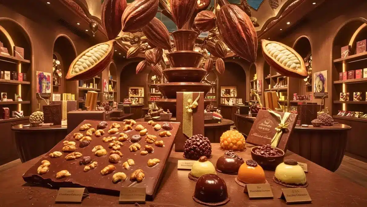 Intérieur d’une boutique de chocolat signée Cédric Grolet avec fontaine de chocolat, tablettes et pralines exposées.