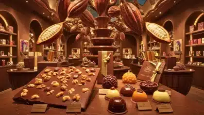 Intérieur d’une boutique de chocolat signée Cédric Grolet avec fontaine de chocolat, tablettes et pralines exposées.