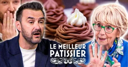 Cyril Lignac et Mercotte lors d’un échange animé sur le plateau de l’émission Le Meilleur Pâtissier, avec des desserts au chocolat en arrière-plan.