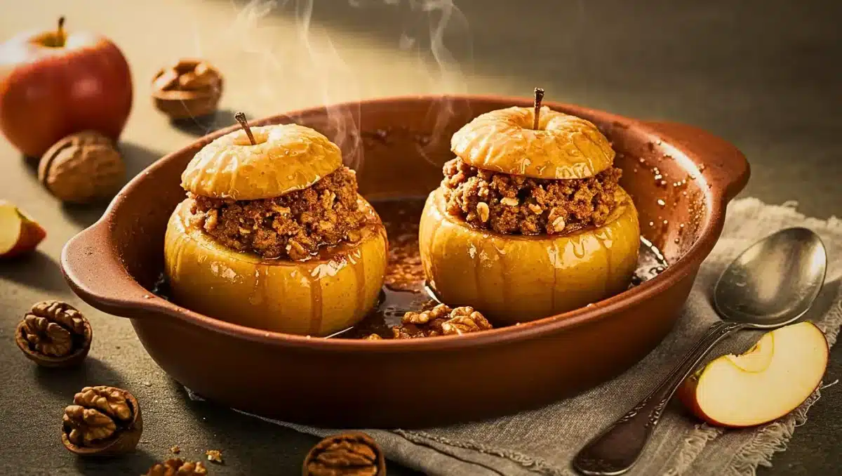 Pommes rôties farcies aux noix et à l’avoine, nappées de caramel doré, encore fumantes à la sortie du four.