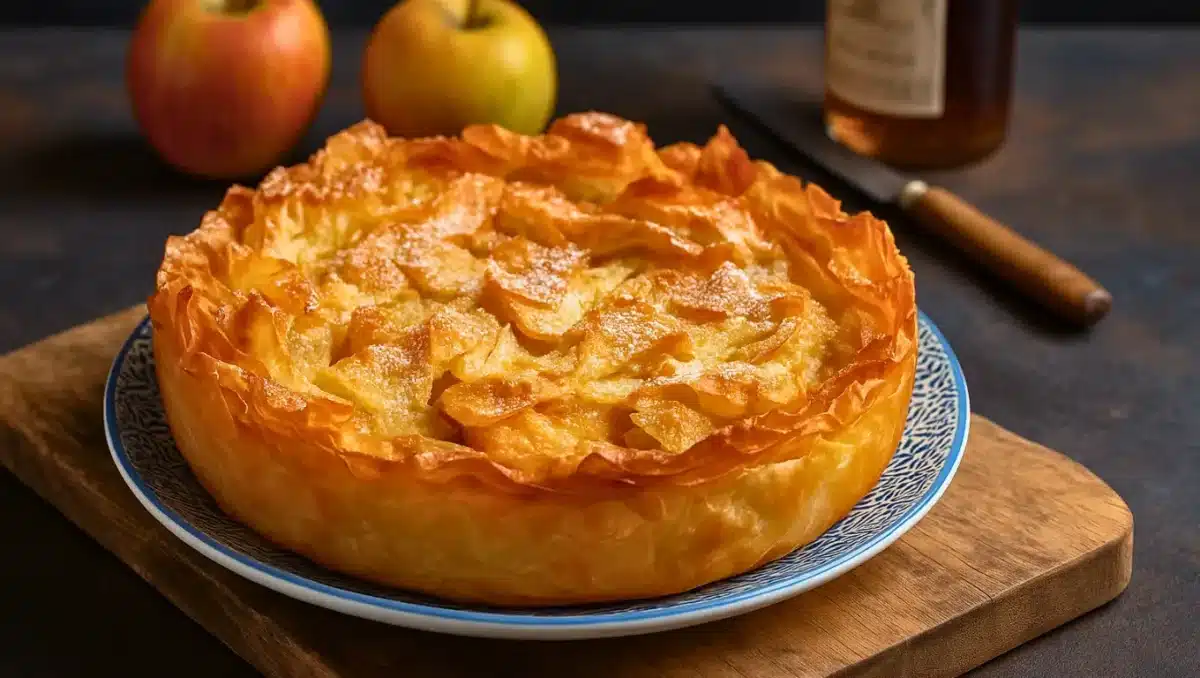 Croustade aux pommes dorée, à la pâte filo croustillante, posée sur une assiette bleue et un plateau en bois, avec des pommes et une bouteille en arrière-plan.