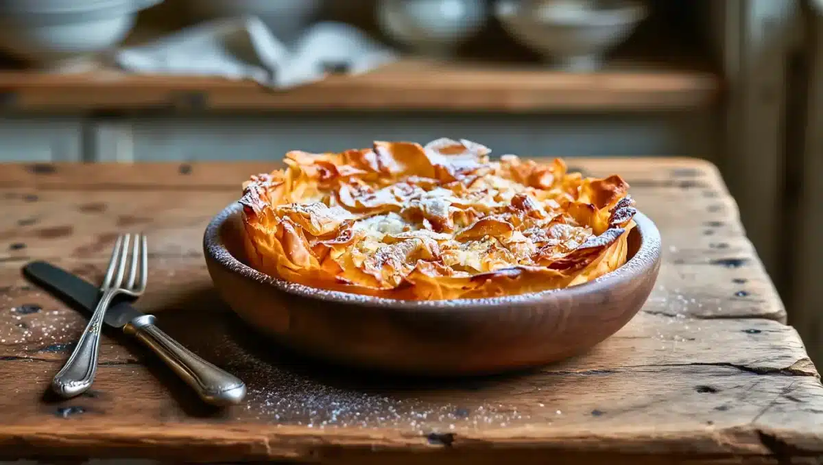 Croustade de pommes dorée à la pâte filo croustillante, saupoudrée de sucre glace et servie dans un plat en bois rustique.