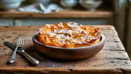 Croustade de pommes dorée à la pâte filo croustillante, saupoudrée de sucre glace et servie dans un plat en bois rustique.