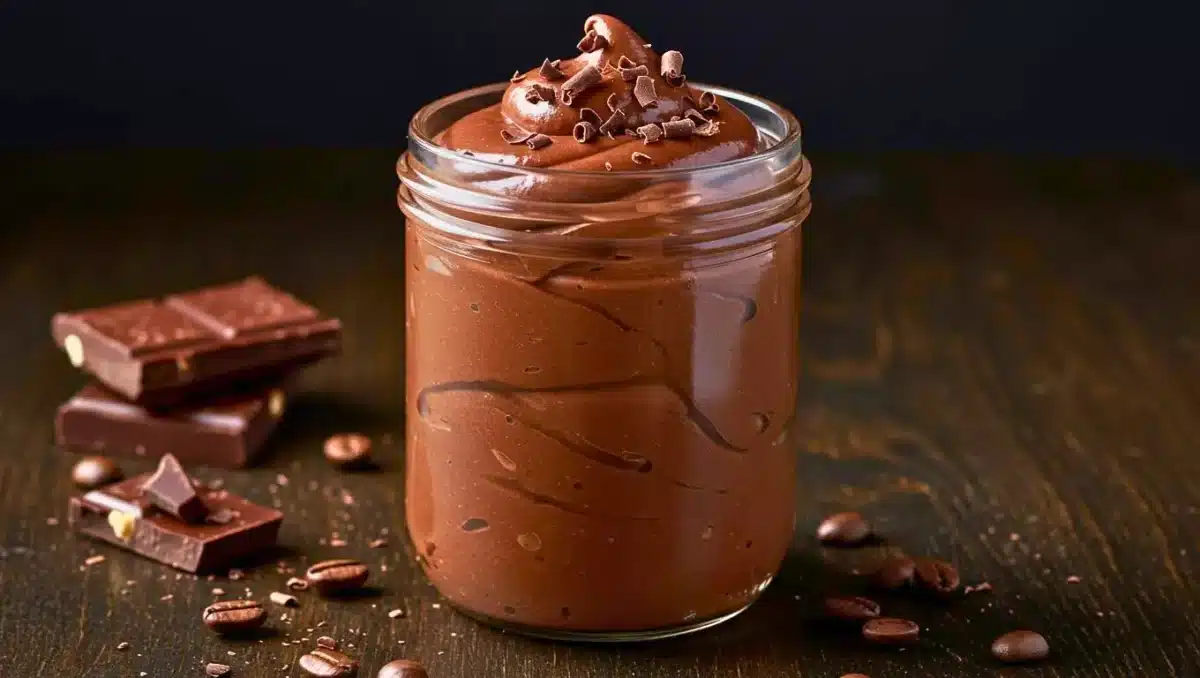 Mousse au chocolat onctueuse servie dans un pot en verre, décorée de copeaux de chocolat, sur une table en bois sombre avec des carrés de chocolat autour.