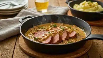 Tranches de filet mignon servies dans une cocotte en fonte, nappées d’une sauce crémeuse à la moutarde et aux champignons, décorées de brins de thym frais.