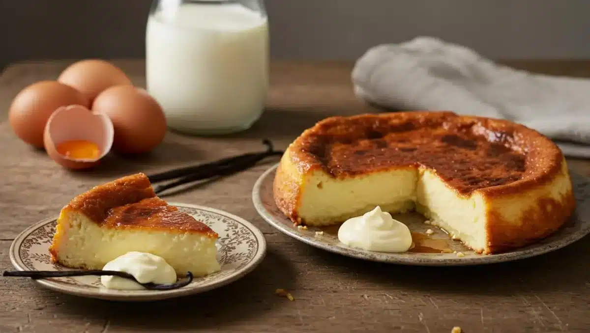 Flan pâtissier maison à la vanille, doré au four, servi avec une cuillère de crème sur une assiette rustique.