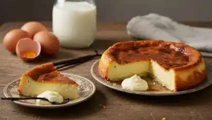 Flan pâtissier maison à la vanille, doré au four, servi avec une cuillère de crème sur une assiette rustique.