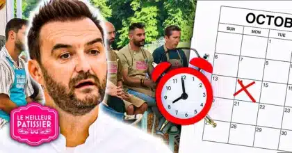 Montage illustrant le changement de programmation de l’émission Le Meilleur Pâtissier avec un réveil, un calendrier et le visage d’un juré.