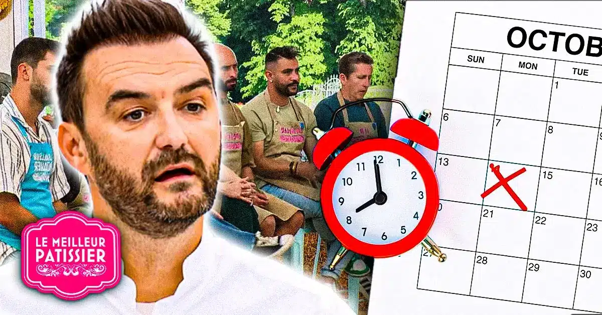 Montage illustrant le changement de programmation de l’émission Le Meilleur Pâtissier avec un réveil, un calendrier et le visage d’un juré.