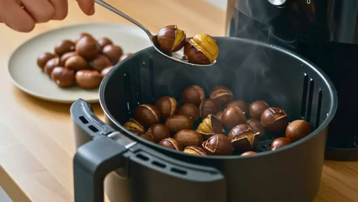 Part de gâteau moelleux à la crème de marrons nappé de crème anglaise, posée sur une assiette fleurie avec un verre de lait en arrière-plan.