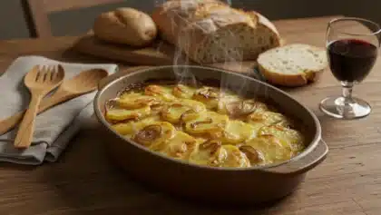 Plat de pommes de terre boulangères dorées au four avec oignons fondants et bouillon parfumé.