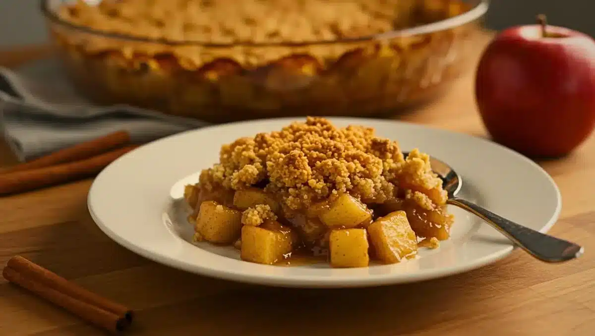 Part de crumble aux pommes et à la cannelle servie dans une assiette blanche, avec sa croûte dorée et croustillante.