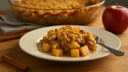 Part de crumble aux pommes et à la cannelle servie dans une assiette blanche, avec sa croûte dorée et croustillante.