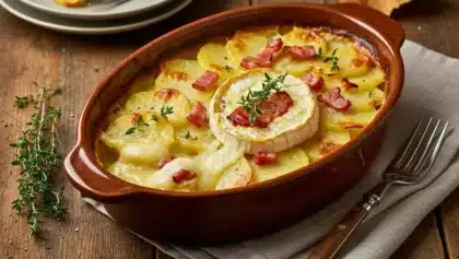 Gratin de pommes de terre au camembert fondant et lardons grillés, décoré de brins de thym frais, servi dans un plat en terre cuite sur une table rustique.