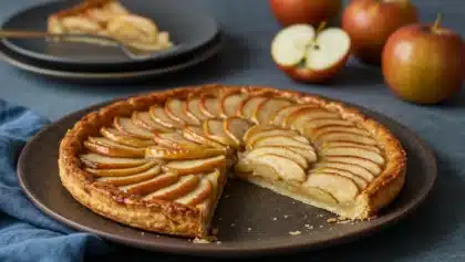 Tarte fine aux pommes dorées et caramélisées sur pâte croustillante, servie sur une assiette avec des pommes fraîches en arrière-plan.