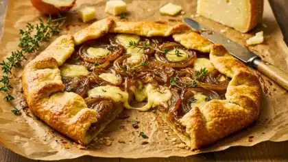 Tarte rustique aux oignons caramélisés et fromage fondu, sur papier cuisson, décorée de branches de thym et de morceaux de tomme affiné.