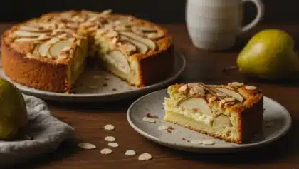 Gâteau aux poires et amandes sur une assiette en céramique, avec une part servie au premier plan et des poires fraîches en arrière-plan.