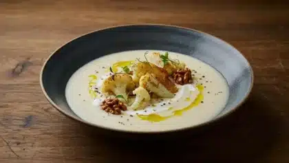 Bol de velouté de chou-fleur crémeux, garni de bouquets rôtis, de noix et d’un filet d’huile d’olive, posé sur une table en bois rustique.