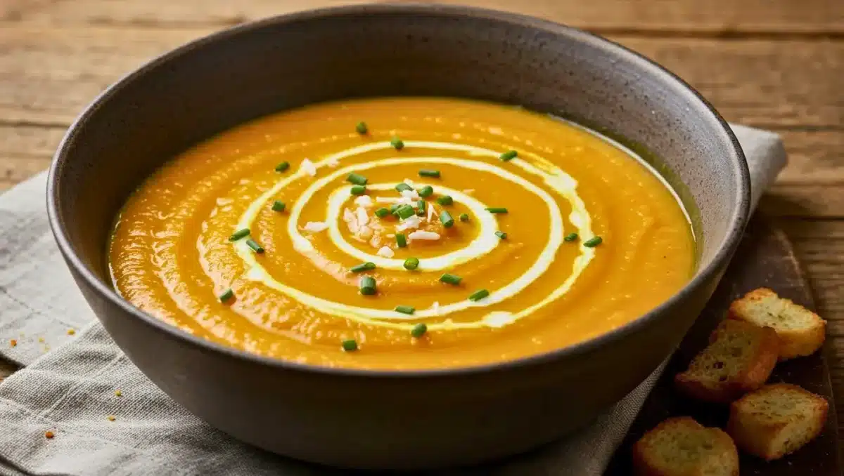 Bol de velouté d’automne onctueux décoré d’un tourbillon de crème et de ciboulette ciselée, accompagné de croûtons croustillants sur une table en bois rustique.