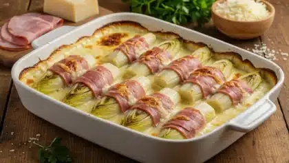 Gratin d’endives au jambon nappées de béchamel, dorées au four et servies bien chaudes, plat réconfortant d’automne.