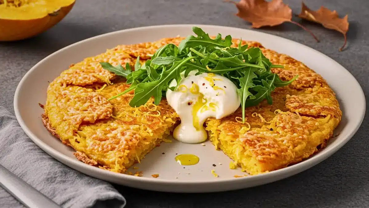 Galette de courge spaghetti dorée au parmesan, surmontée de burrata fondante et de roquette fraîche, servie dans une assiette grise.