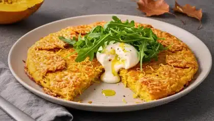 Galette de courge spaghetti dorée au parmesan, surmontée de burrata fondante et de roquette fraîche, servie dans une assiette grise.