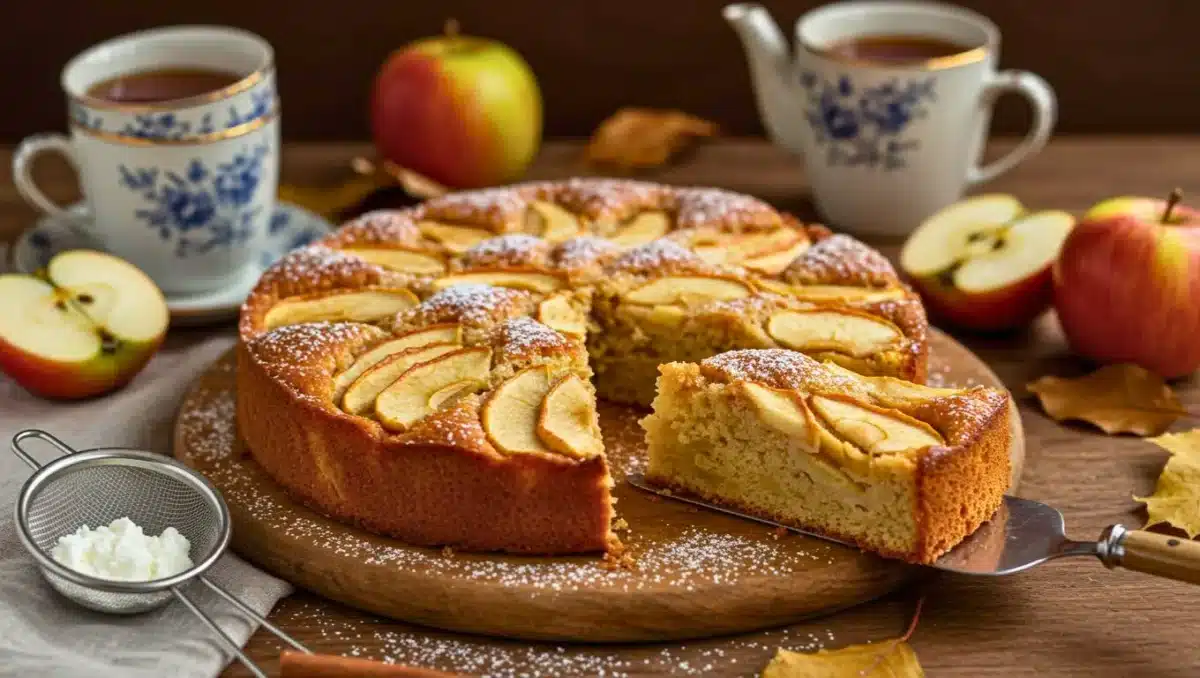 Gâteau aux pommes doré et moelleux, saupoudré de sucre glace, servi avec du thé.