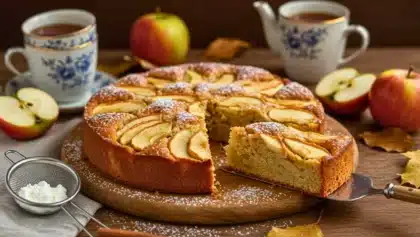 Gâteau aux pommes doré et moelleux, saupoudré de sucre glace, servi avec du thé.