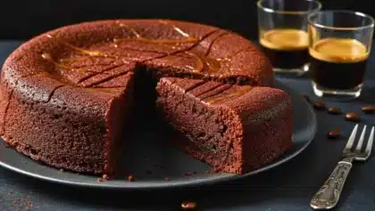 Gâteau au chocolat fondant nappé d’un filet de caramel, servi sur une assiette noire avec deux expressos en fond.