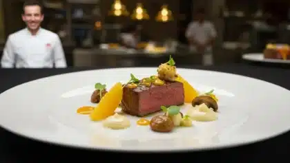 Assiette gastronomique raffinée servie lors du Bocuse d’Or France 2025, avec un chef souriant en arrière-plan dans la cuisine.
