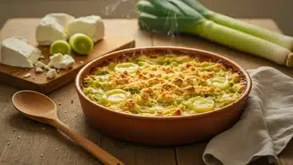 Crumble doré aux poireaux et au chèvre frais, servi dans un plat en céramique, avec une garniture fondante et croustillante.