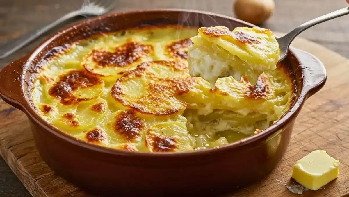 Gratin dauphinois doré et fondant dans un plat en terre cuite, avec des tranches de pommes de terre nappées de crème.