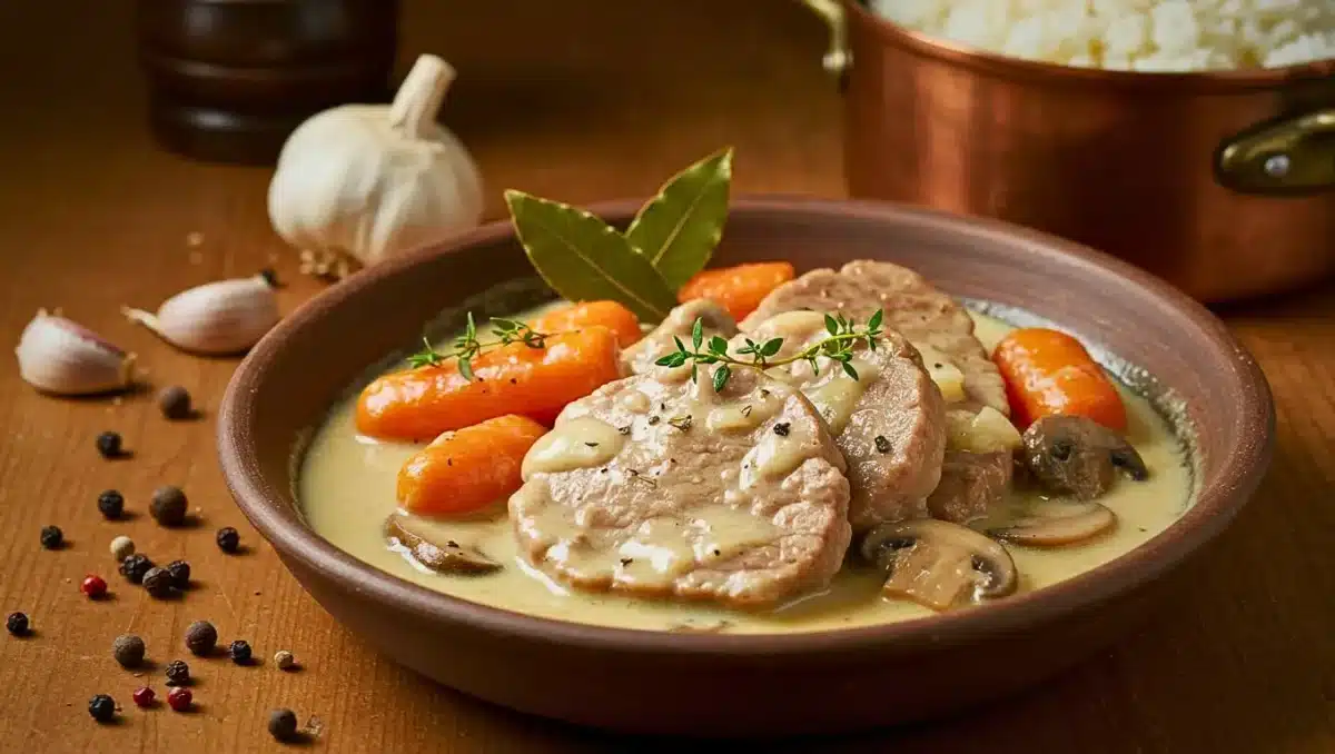 Blanquette de veau maison avec carottes, champignons et sauce crémeuse servie dans un plat en terre cuite.