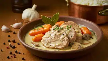 Blanquette de veau maison avec carottes, champignons et sauce crémeuse servie dans un plat en terre cuite.