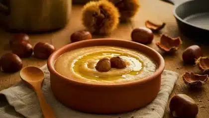 Un bol de velouté à la châtaigne nappé d’huile d’olive, entouré de châtaignes entières et d’écales, sur une table en bois rustique.