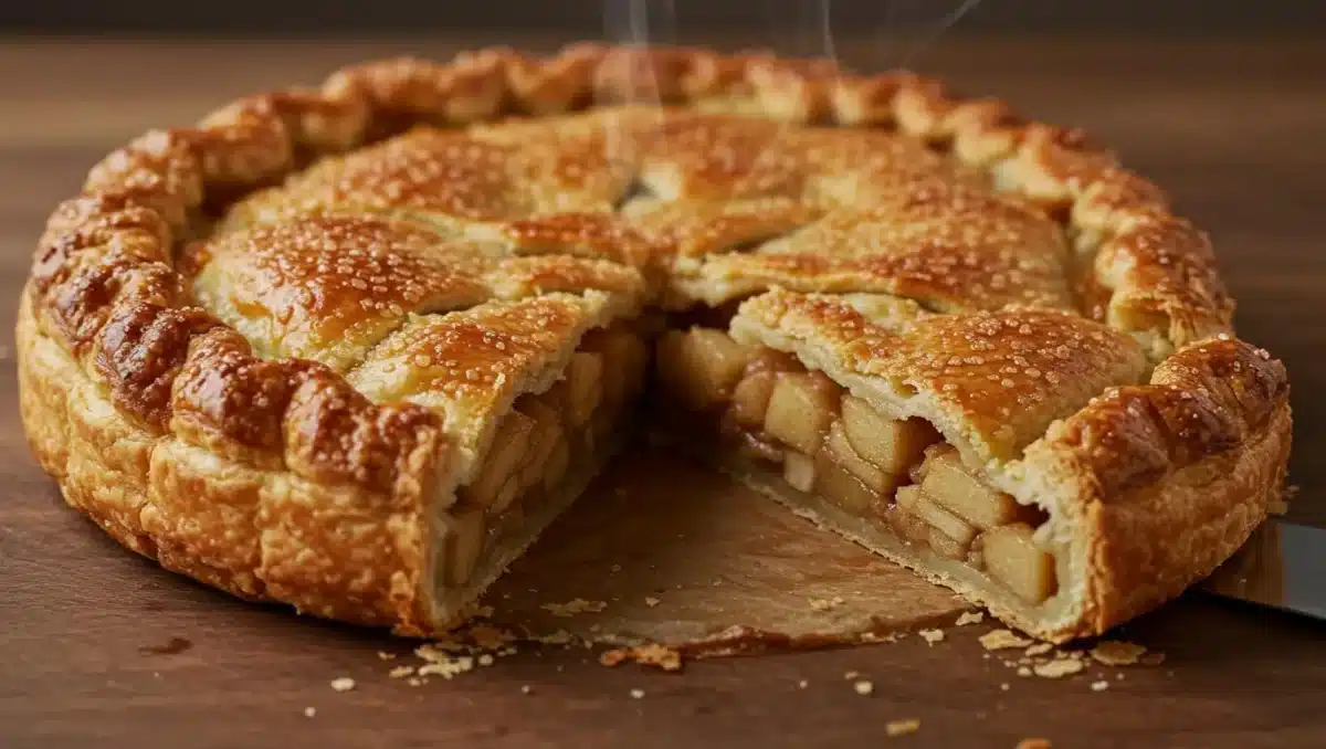 Pompe aux pommes auvergnate dorée au four, avec une pâte croustillante et des morceaux de pommes fondantes à l’intérieur.