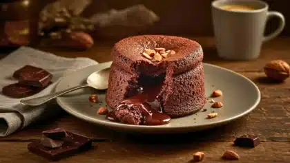 Soufflé au chocolat fondant avec cœur coulant, décoré d’éclats de noisettes, servi sur une assiette grise avec une tasse de café.