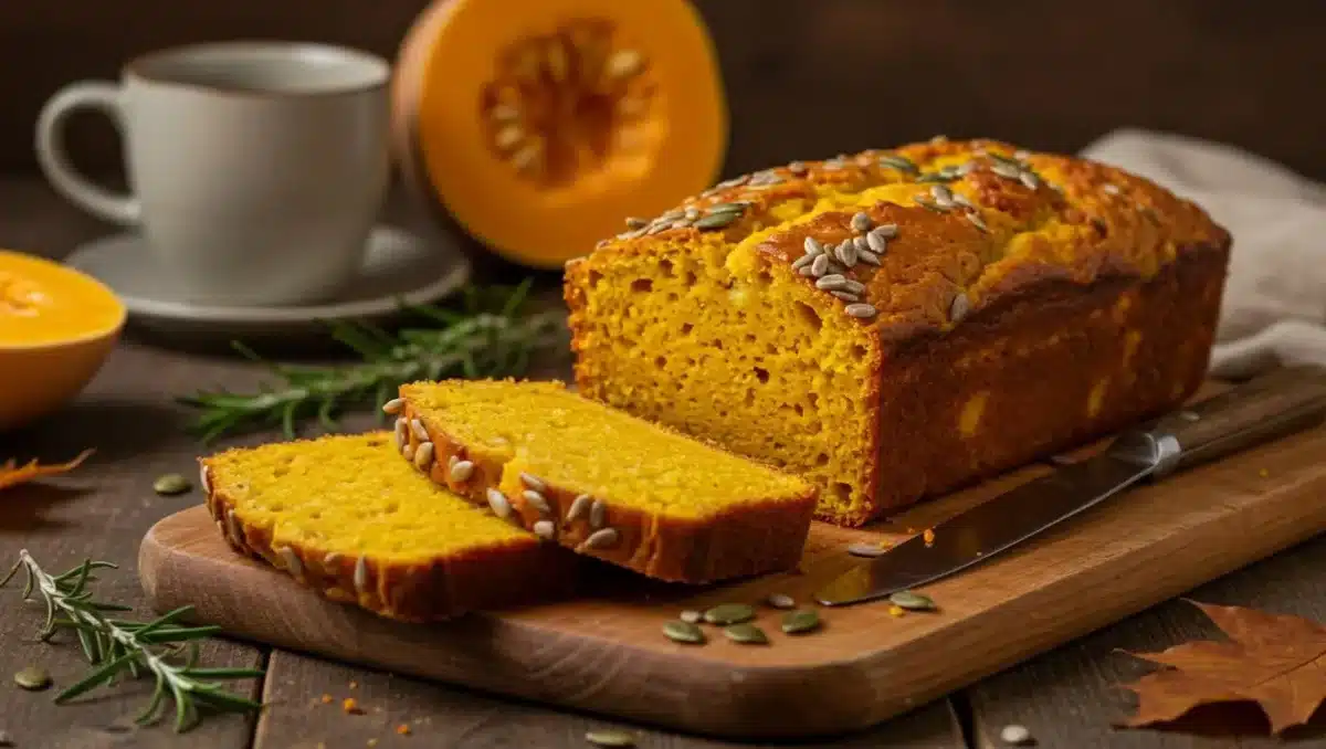 Cake salé au potimarron moelleux et doré, garni de graines de courge, posé sur une planche en bois avec une tasse de café en arrière-plan.