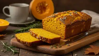 Cake salé au potimarron moelleux et doré, garni de graines de courge, posé sur une planche en bois avec une tasse de café en arrière-plan.