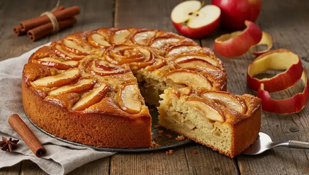 Gâteau moelleux aux pommes dorées et caramélisées, avec une part découpée sur une assiette en bois rustique.