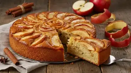 Gâteau moelleux aux pommes dorées et caramélisées, avec une part découpée sur une assiette en bois rustique.