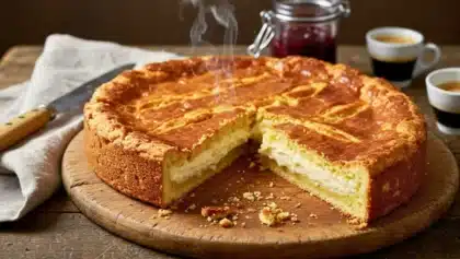 Gâteau basque doré à la crème, encore chaud et fumant, présenté sur une planche en bois avec une part découpée.