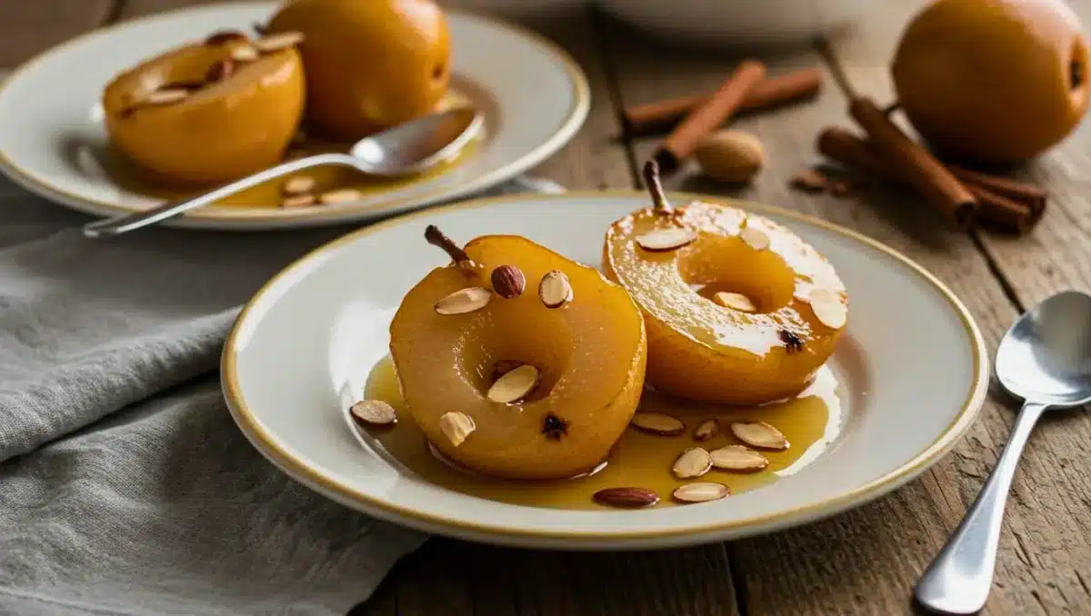 Assiette de poires pochées au sirop vanillé, servies avec des amandes effilées et une sauce dorée.
